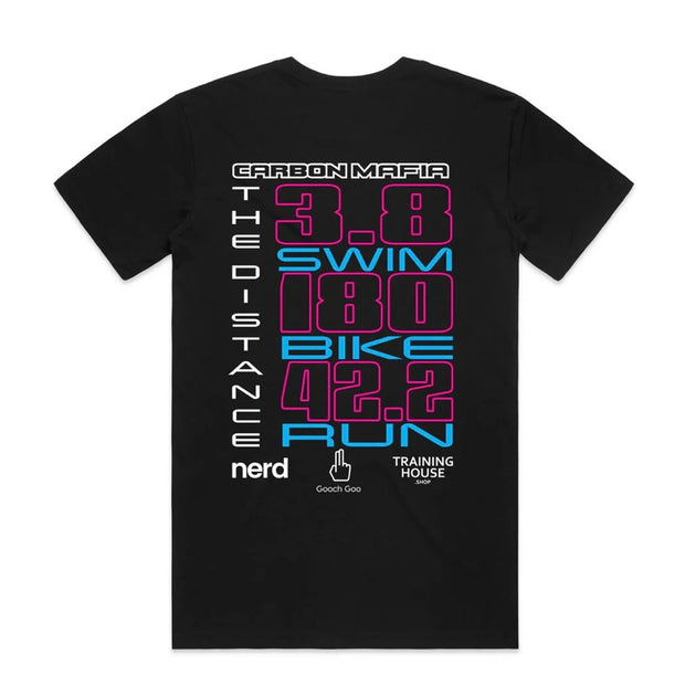 Black t-shirt back with colorful text and graphics on a white background