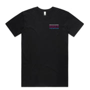Black t-shirt with a small logo on the chest against a white background