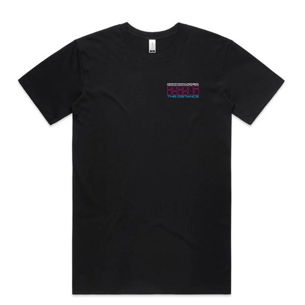 Black t-shirt with a small logo on the chest against a white background
