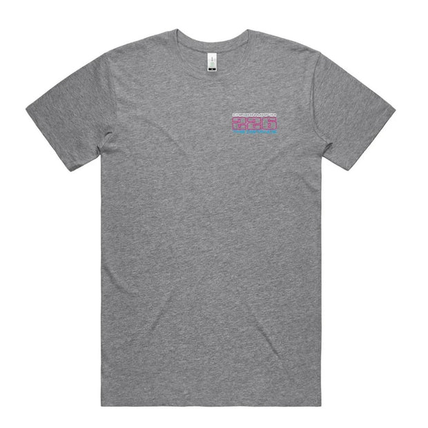 Marle Gray t-shirt with a small logo on the chest against a white background
