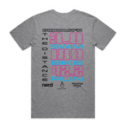 Marle Gray t-shirt back with colorful text and graphics on a white background