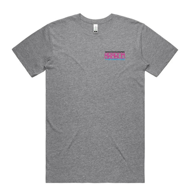 Marle Gray t-shirt with a small logo on the chest against a white background