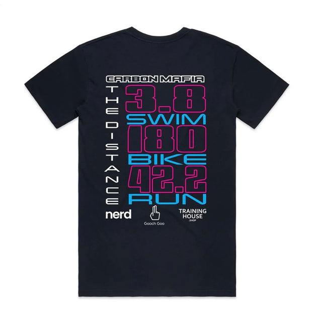 Navy t-shirt back with colorful text and graphics on a white background