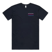 Navy t-shirt with a small logo on the chest against a white background