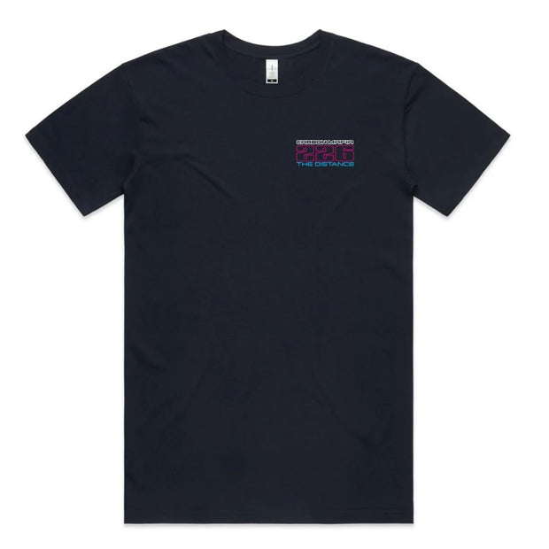 Navy t-shirt with a small logo on the chest against a white background