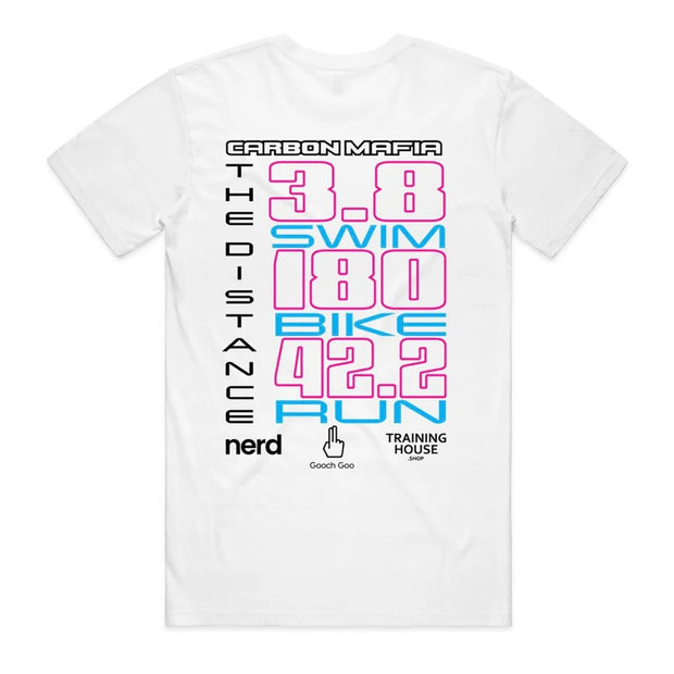 White t-shirt back with black and pink text on a white background