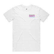 White t-shirt with a small logo on the chest against a white background