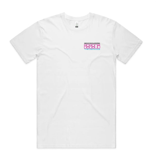 White t-shirt with a small logo on the chest against a white background