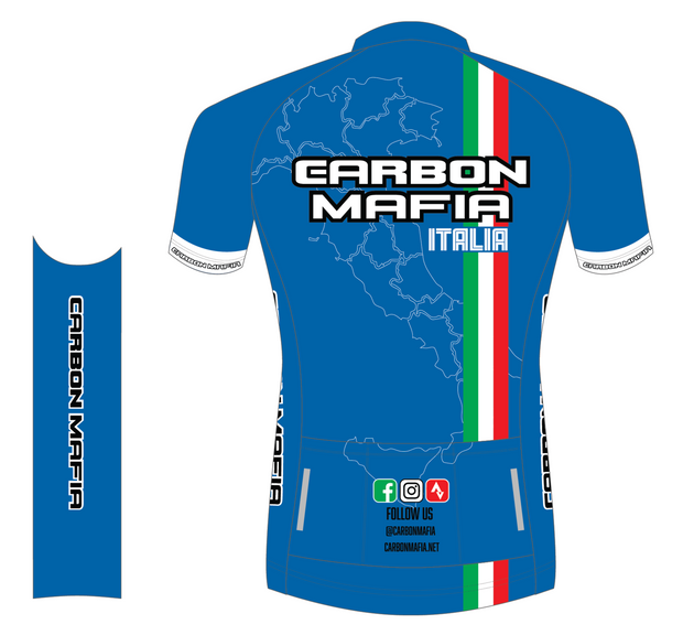 Blue cycling jersey with 'Carbon Mafia Italia' branding on a white background