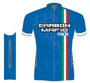 Blue cycling jersey with 'Carbon Mafia Italia' branding on a white background