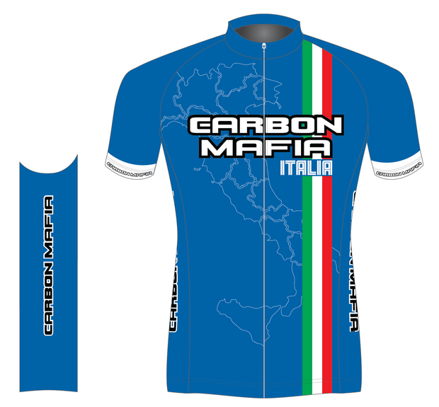 Blue cycling jersey with 'Carbon Mafia Italia' branding on a white background